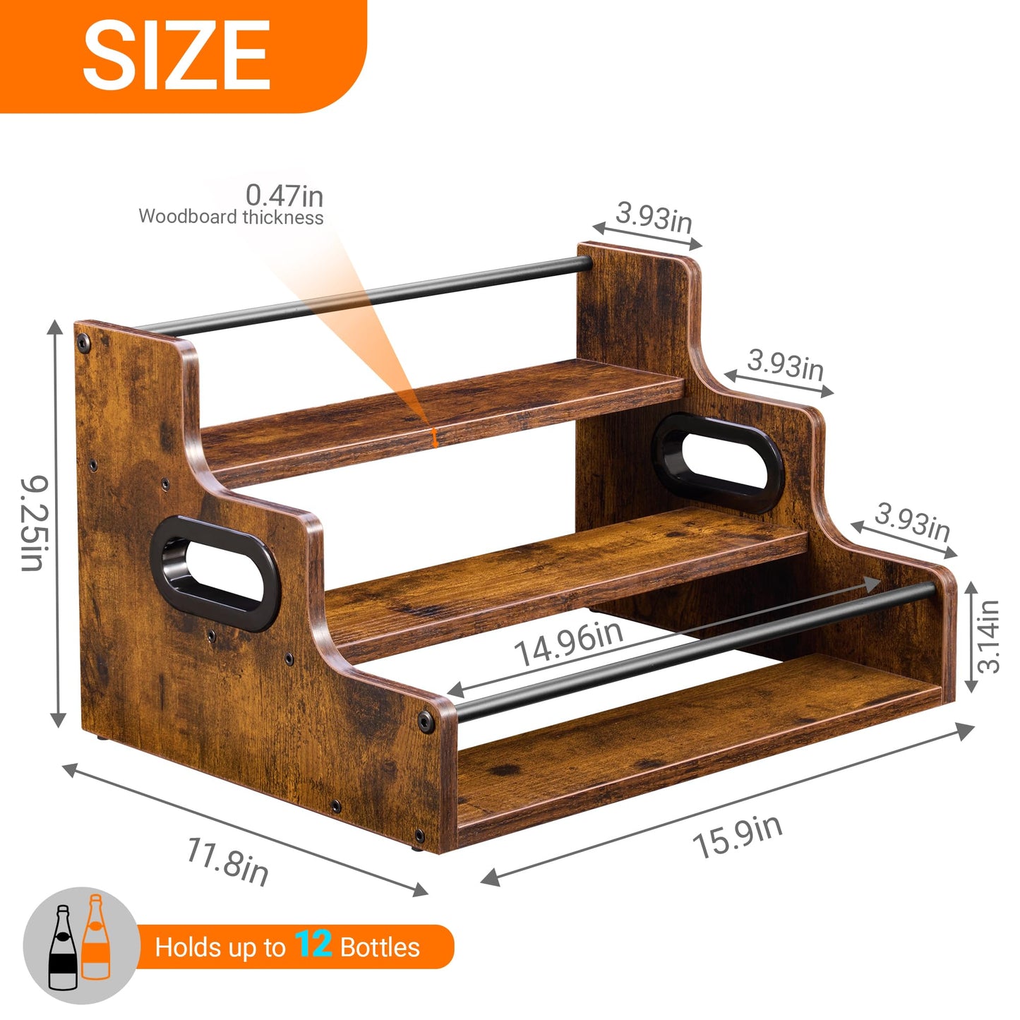 YQBRAO Liquor Bottle Display Shelf, 3-Tier Bar Shelves for Liquor Whiskey, Spirits, Coffee Syrup Rack Organizer with Handles & Metal Guardrail, Bar Bottle Stand for Home, Kitchen, Cafe