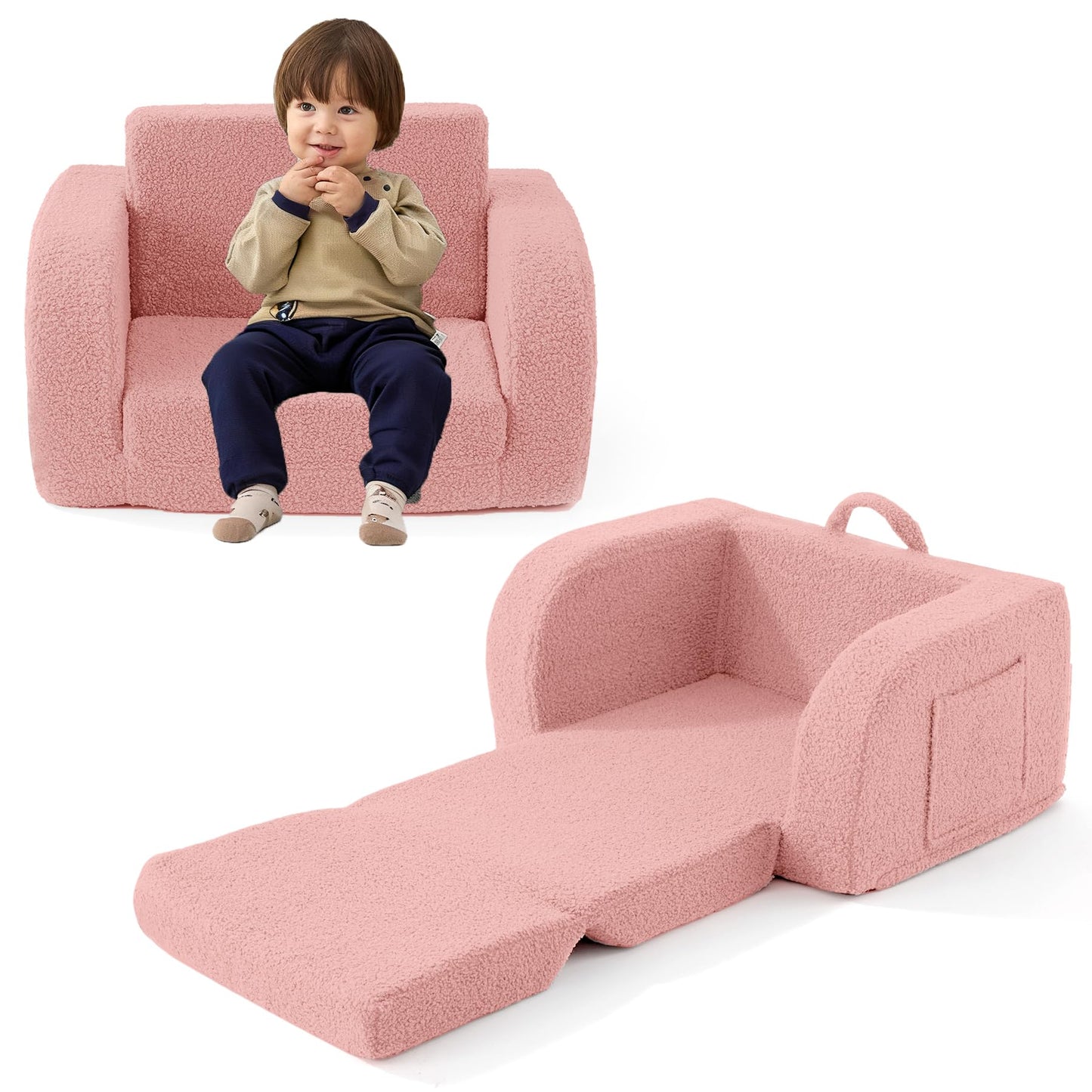 MuaMelop Toddler Couch, 2-in-1 Toddler Chairs Comfy 1-3 Years Old, Toddler Chair for Girls and Boys, Kids Couch Bed Fold Out, Convertible Baby Sofa to Lounge Chair for Playing, Reading, Napping, Pink