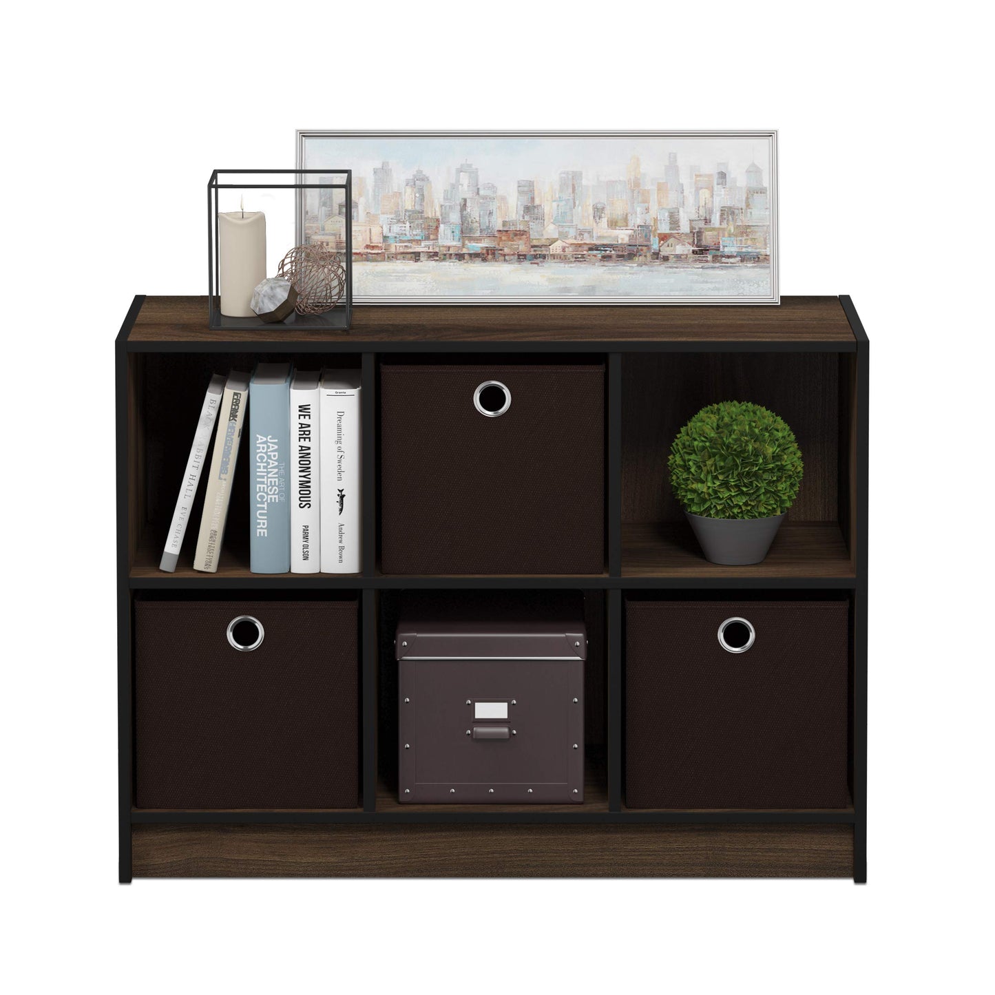 Furinno BASIC Book Shelf, 6-Cube Bookshelf with Open Shelf, 3 x 2 Bookcase with Storage Bins, Closed Back, Horizontal, 11.9 x 31.6 x 23.6, for Living Room, Bedroom, Home Office, Columbia Walnut