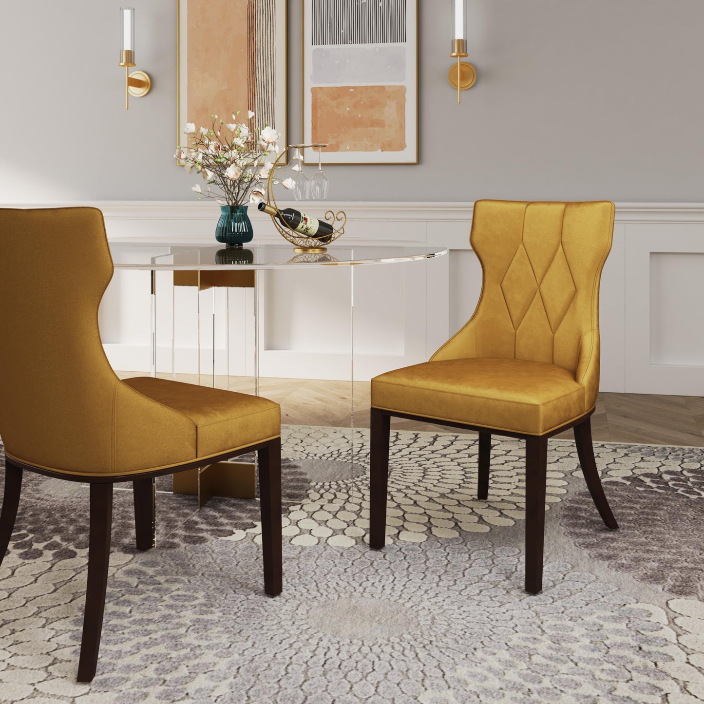 Manhattan Comfort Reine MDining Chairs Set of 2, Upholstered Seats with Diamond Stitching, Solid Beech Wood Frame, 4-Leg Base, 18.5" Seat Height, Fully Assembled, Antique Gold