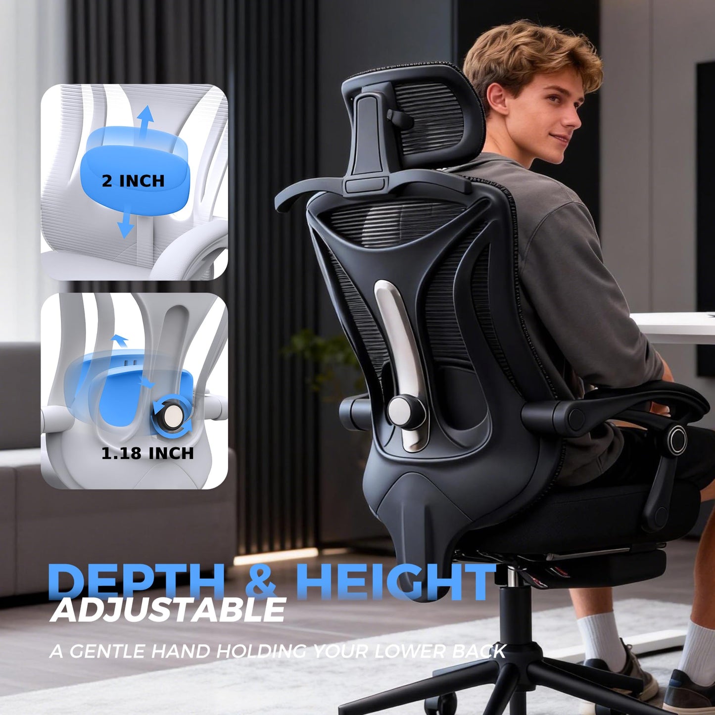 Ergonomic Office Chair - Adjustable Lumbar & Headrest, 90-160° Reclining with Footrest, Breathable Mesh Back - Home Office/Gaming Computer Chair (Modern, Black)