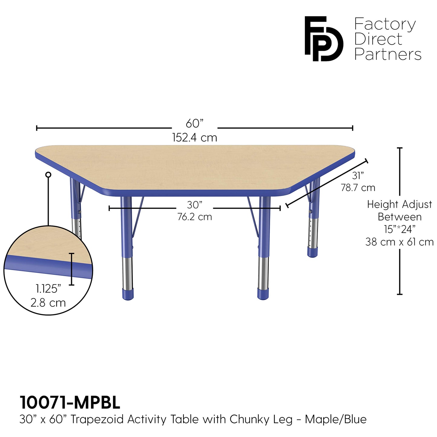 FDP Trapezoid Activity School and Classroom Kids Table (30 x 60 inch), Chunky Toddler Legs for Collaborative Seating Environments, Adjustable Height 15-24 inches - Maple Top and Blue Edge