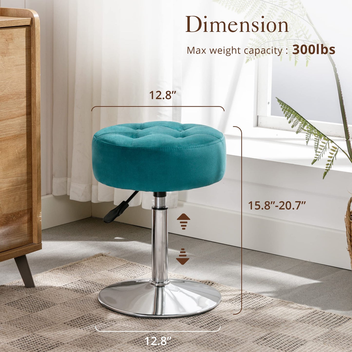 LUE BONA Adjustable Vanity Stool, 360 Swivel Chair for Makeup Room, Vanity Chairs, Teal Faux Leather Stool for Bathroom & Living Room
