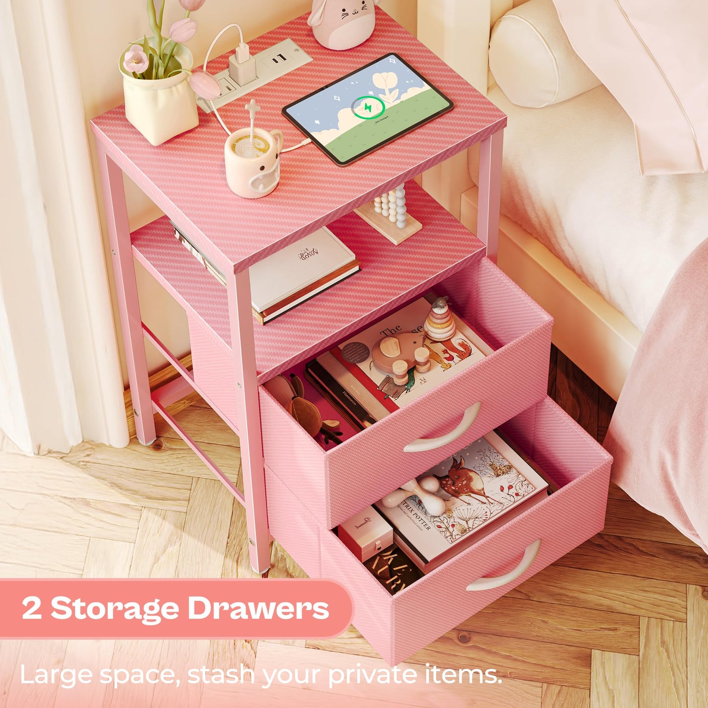 Huuger Nightstand with Charging Station, Side Table with Fabric Drawers, End Table with Open Shelf, Bedside Table with USB Ports and Outlets, Night Stand for Bedroom, Pink