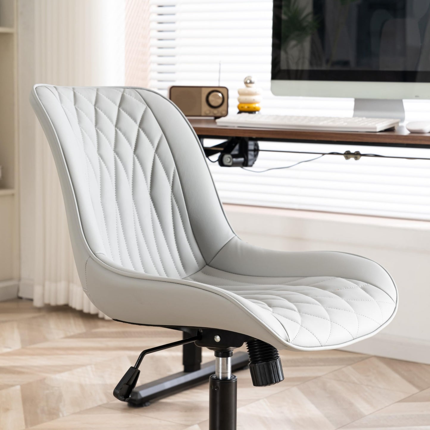 YOUNIKE Faux Leather Ergonomic Office Chair Armless Comfy Desk Chair with Rocking Back Cute Swivel Vanity Chair with Wheels Height Adjustable Small Computer Task Chair for Sewing Drafting Grey