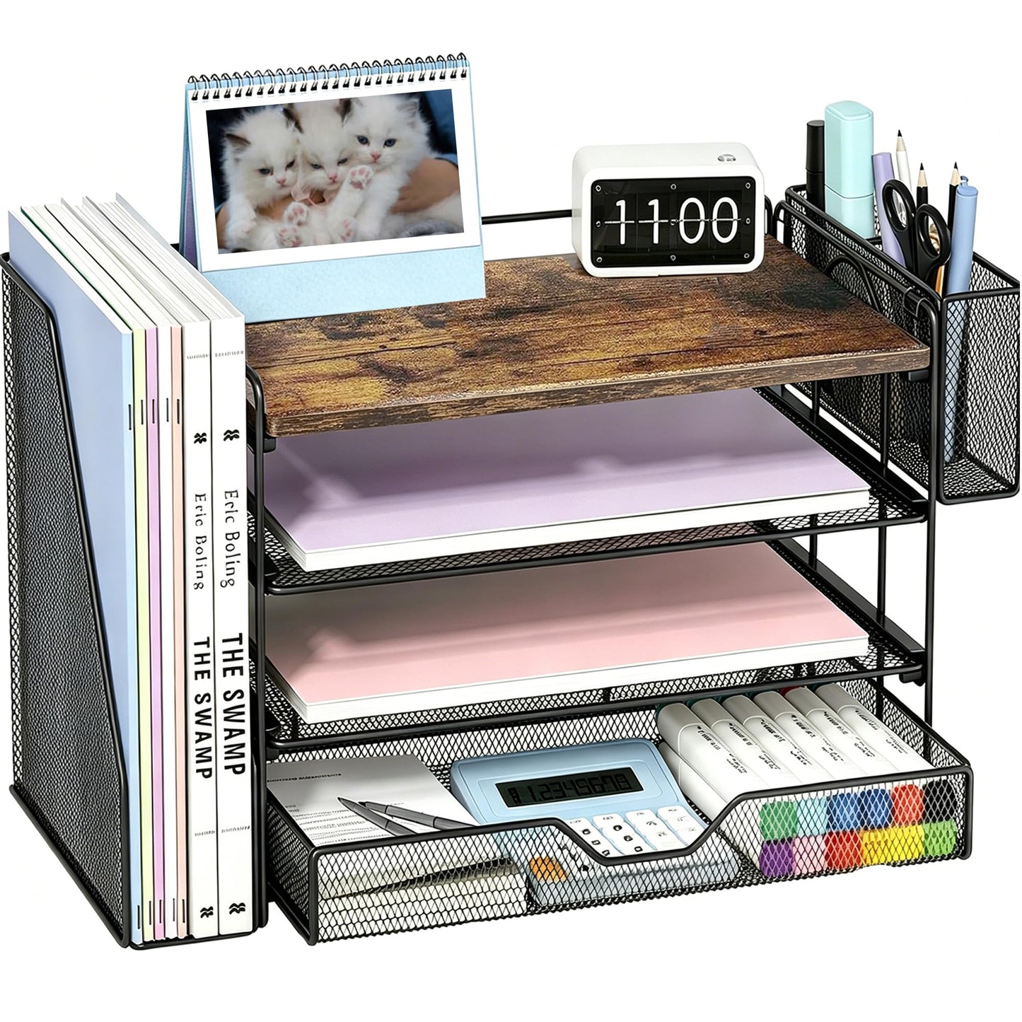 OPNICE Wood Desk Organizers and Accessories, 4-Tier Desktop Paper Letter Tray Organizer with Drawer and Pen Holders, Office Desk Accessories & Workspace Organizers for Home Office Supplies, Brown Wood