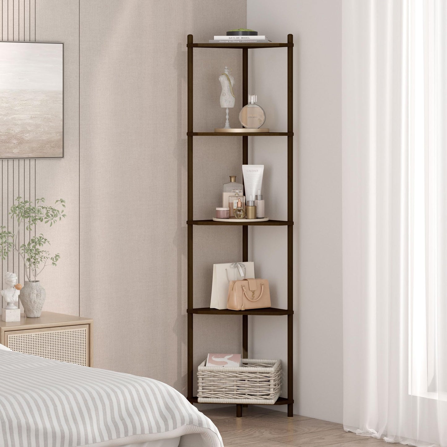 Wisuce Corner Shelf Stand - 5 Tier Walnut Bamboo Small Corner Bookshelf for Office Kitchen Bedroom Plant Stand Living Room Decor Small Space