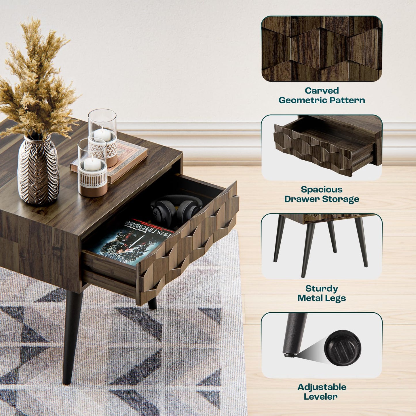 Bme Georgina Solid Wood Mid-Century Modern Side Table with Drawer – Fully Assembled Bedside Table with Rustic Geometric Pattern for Living Room or Bedroom - Mocha