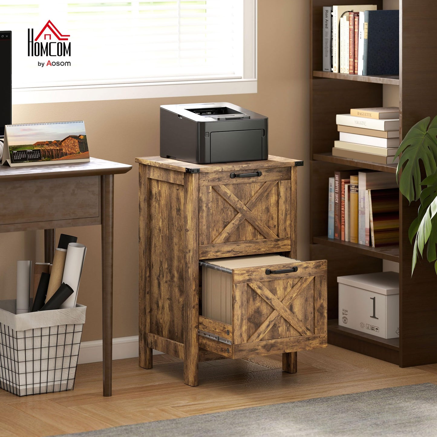 HOMCOM 2 Drawer Vertical File Cabinet with Silent Slides, Rustic Farmhouse Filing Cabinet with Barn Doors for A4/Letter Size, Printer Stand with Storage for Home Office, Rustic Brown