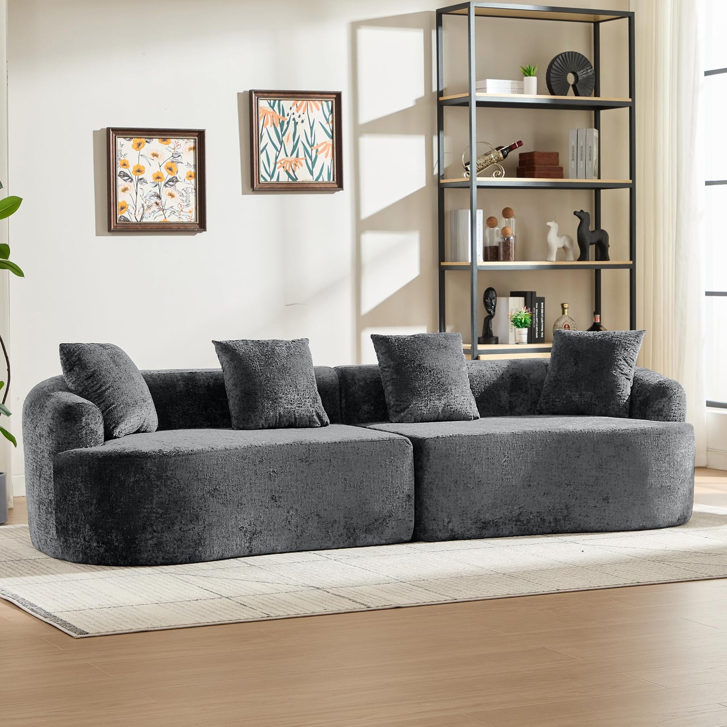Sectional Sofa, Curved Cloud Sofa Couch, Chenille Full Sponge Chaise for Living Room, Apartment (Grey, 110 Inch)