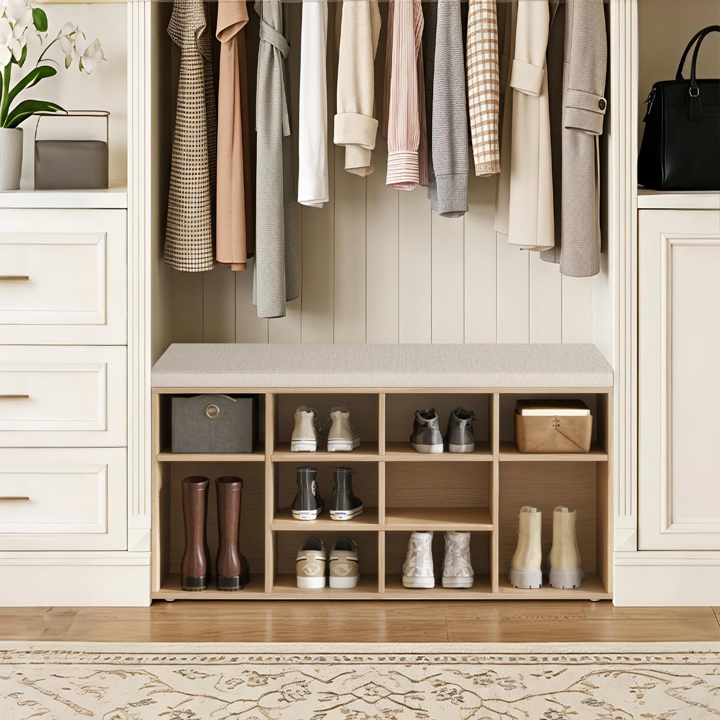 DINZI LVJ Shoe Storage Bench with Cushion, 12-Cubby Shoe Rack, Adjustable Shelves, 40.9" Long Shoe Organizer Bench for Entryway, Mudroom, Hallway, Garage, Natural and Cappuccino Beige