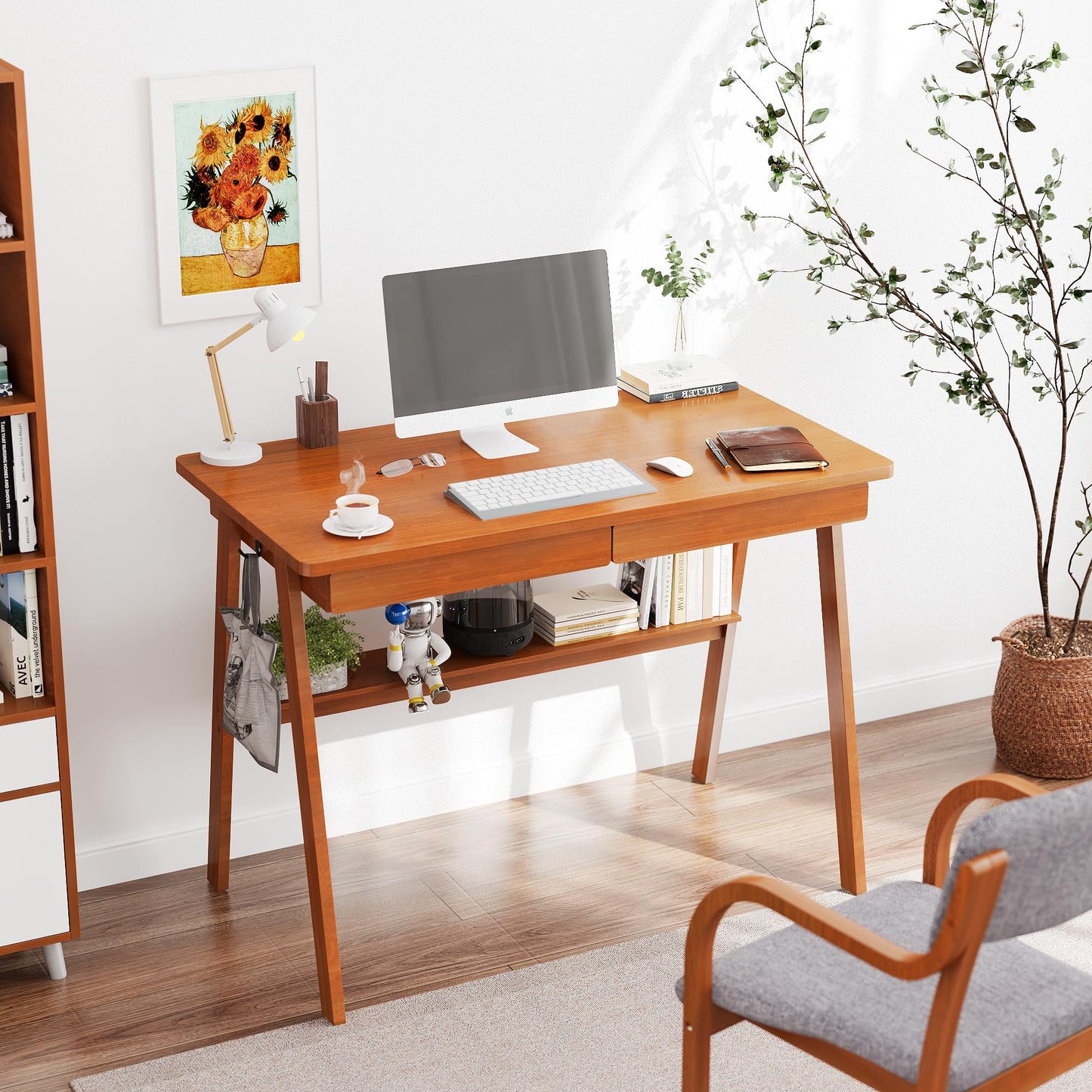 ENPKLUTE Solid Wood Desk with Drawers - 39.4 Inch Mid Century Modern Desks with Storage Shelf, Small Writing Desk for Small Spaces, Home Office Desks for Bedroom & Home, Walnut Color