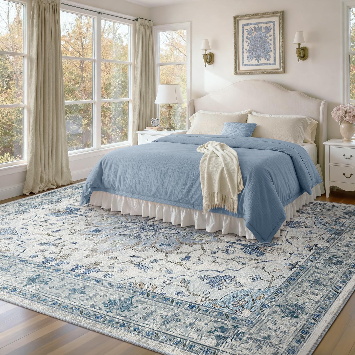 RELEANY Area Rugs 8'x10' Washable Non-Slip, Floral Vintage Distress Medallion Carpet for Living Room Bedroom Dining Room, Light Blue Navy Gray White