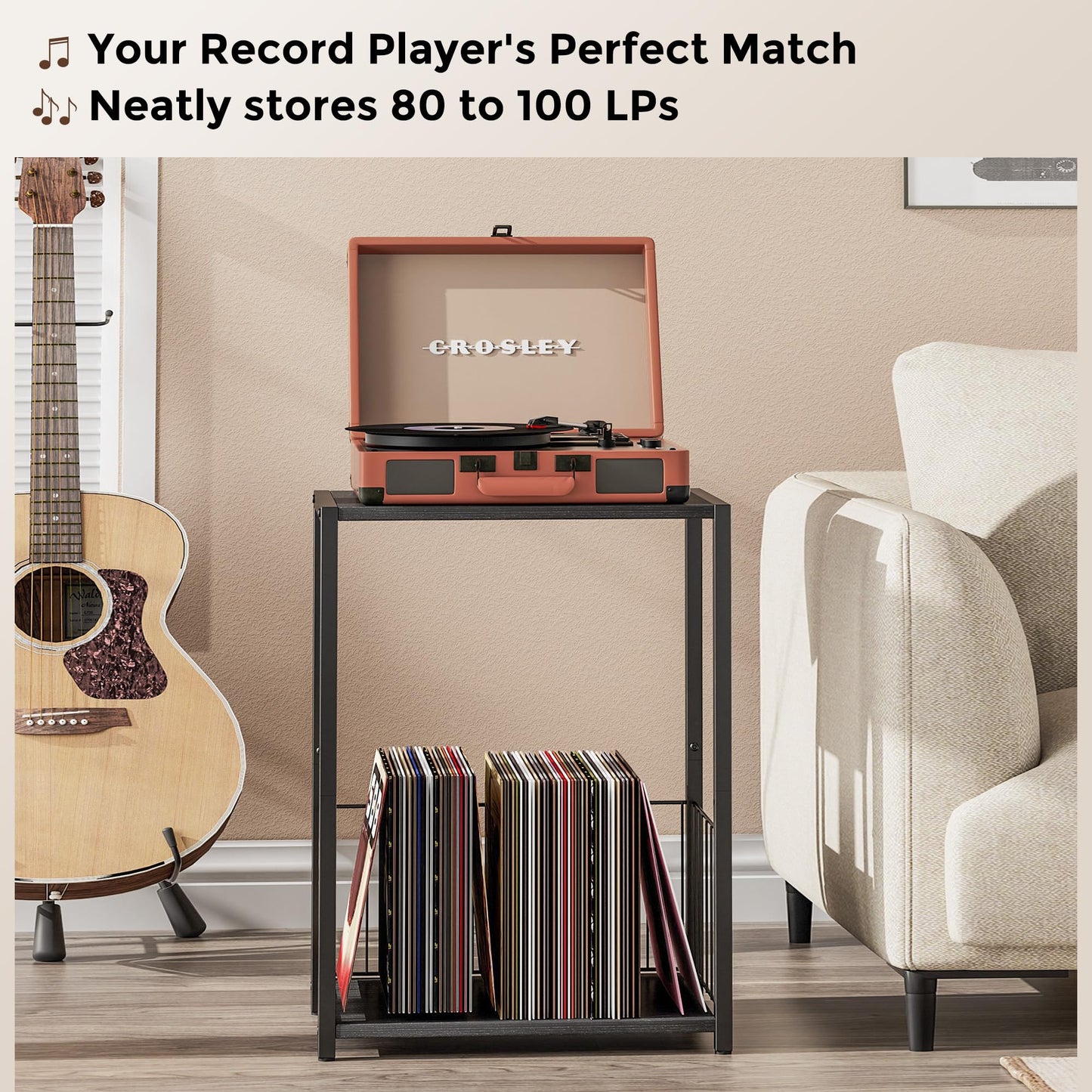 Homleke Side Table with Magazine Holder, Record Player Stand with LP Shelf, End Table for Living Room, Bedroom, or Bedside, Easy Assembly, 11" D x 16.9" W x 23.6" H, Black
