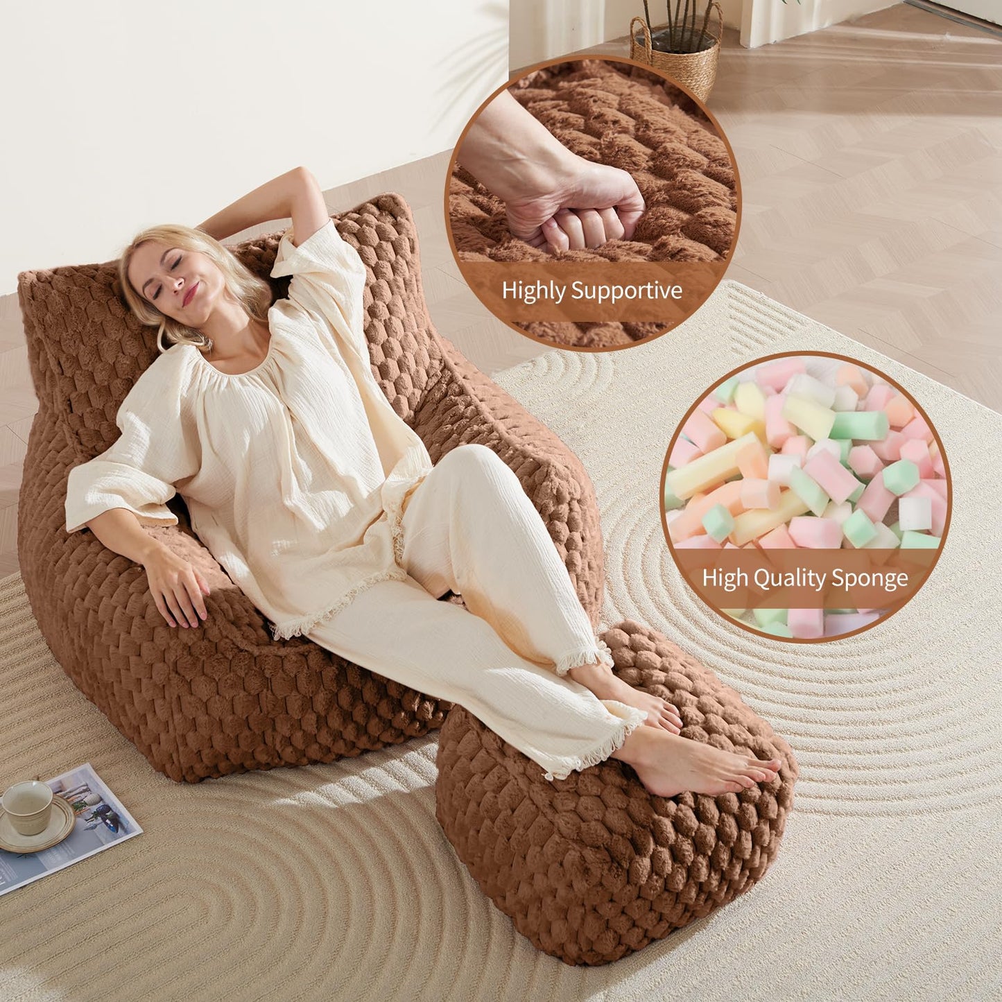 Bean Bag Chair with Ottoman - Modern Comfy Beanbag Sofa with Footrest, Soft Faux Fur Lounger Chair for Adults Teens, Cozy Memory Foam Filled Gaming Reading Chairs for Bedroom, Living Room (Brown)