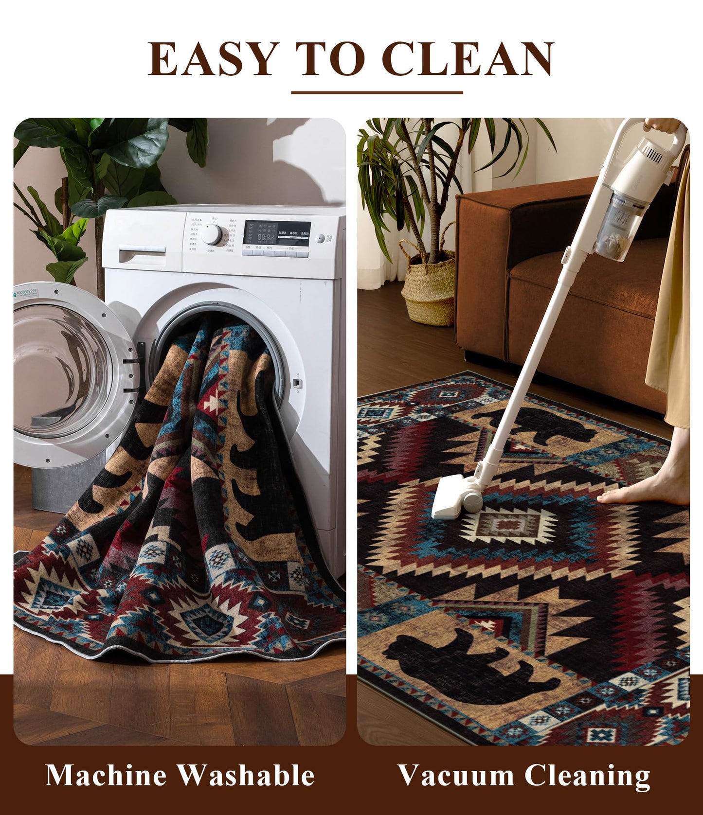 Hallway Runner Rug 2x6 Indoor Door Mat -Western Rug Bear Rustic Cabin Non-Slip Entryway Rug, Low Pile Tribal Print for Kitchen, Bedroom