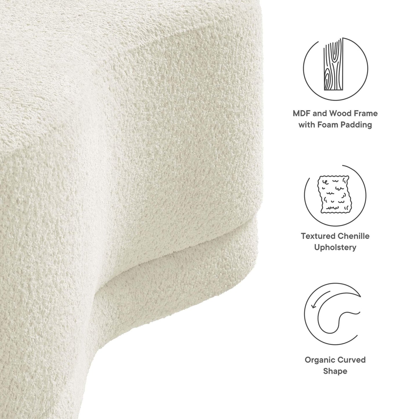 Modway Nimbus 48 Inch Curved Ottoman Bench in Cream - Soft Fabric Chenille Ottoman - Versatile Bedroom Bench - Bouclé Footstool - Upholstered Coffee Table - Bedroom and Living Room Furniture