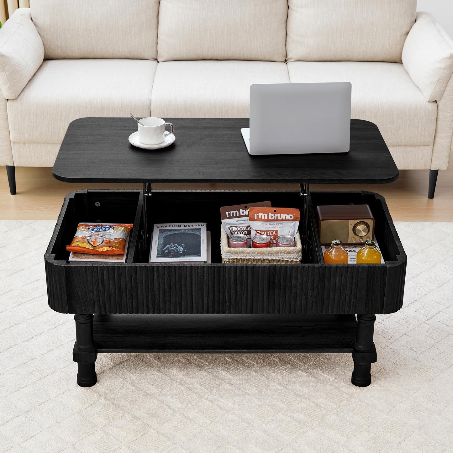 39”Large Lift Top Coffee Table with Hidden Storage Compartment,Fluted Coffee Tables Fully Assembled Wooden Center Table,Mid Century Modern Lift Tabletop Dining Table for Living Room Home Office,Black
