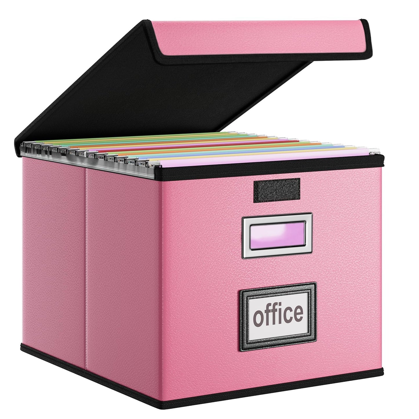 Huolewa File Organizer Box with Lid, Collapsible Leather File Folder Organizer for Office Document Storage, Filing Box with Plastic Slide for Letter/Legal Size Hanging Files, Pink