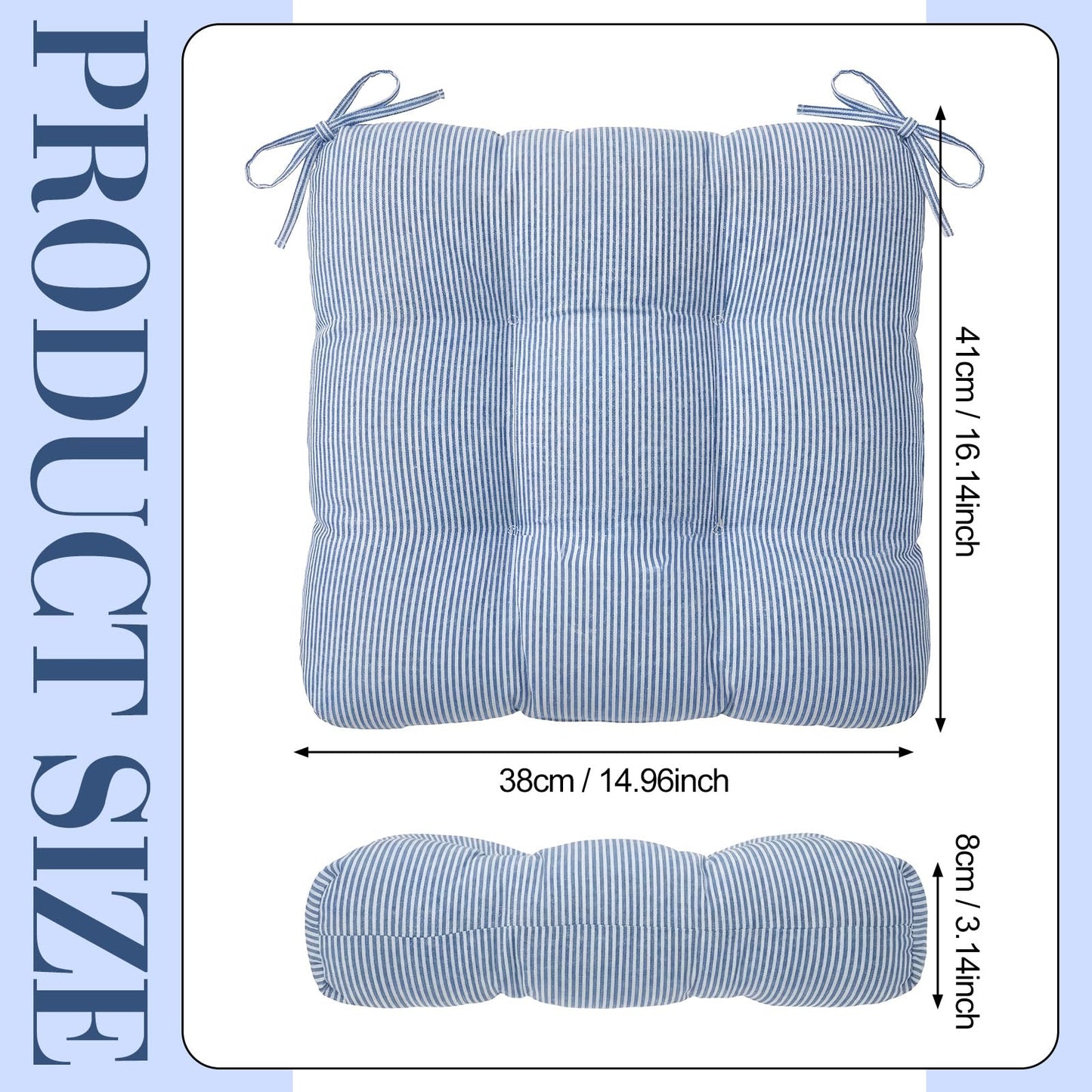 Geetery Blue and White 4 Pack Ticking Stripe Chair Cushions with Ties, 16"x15" Reversible Indoor Chair Pads for Dining Chairs, Soft Kitchen Seat Cushions for Home Office Living Room