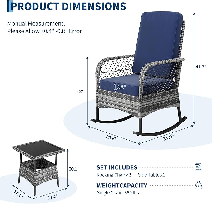 GarveeHome 3-Piece Outdoor Rocking Chair Set, Wicker Rattan Patio Furniture
