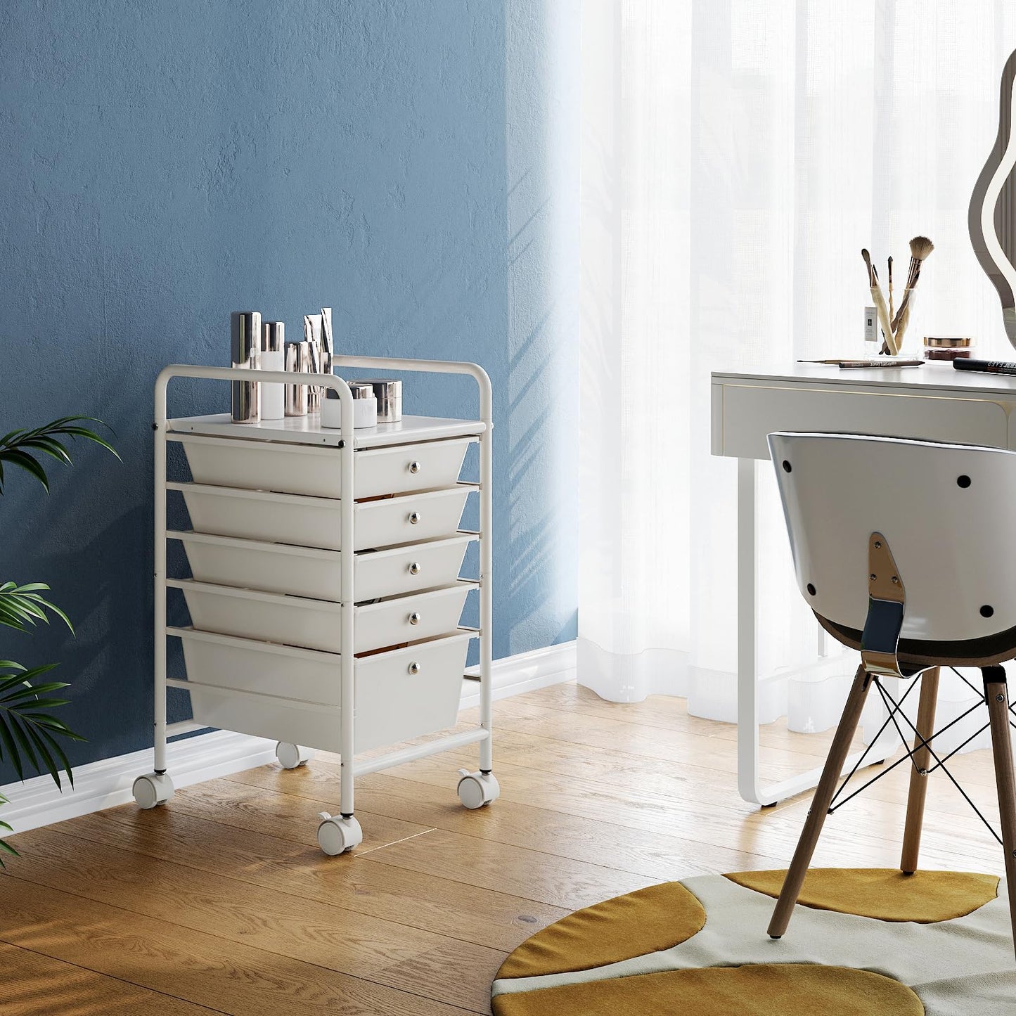 Shrivee 6-Tier Rolling Cart with 5 Drawers, Rolling Utility Cart with 2 Lockable Caster Wheels, Multipurpose Mobile Rolling Storage Drawer Cart for Office Bathroom Kitchen, Ivory White