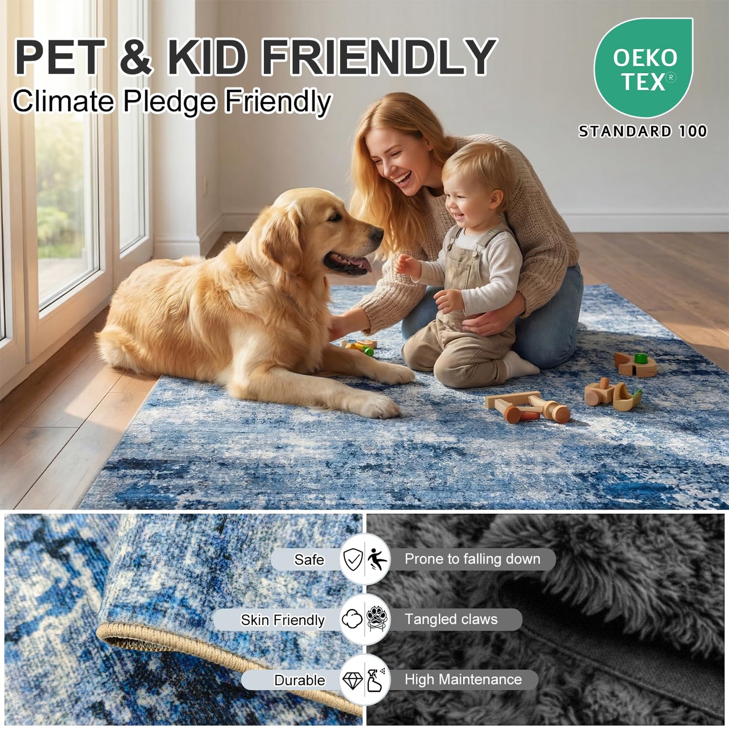 Cnythlis Washable Area Rugs, 0.26 Inch Low Pile Non Slip Abstract Rugs for Bedroom Study Room - Foldable Indoor Carpet, Pet Friendly Surface, Stain-Resistant & Water-Resistant, 5'x7', Blue