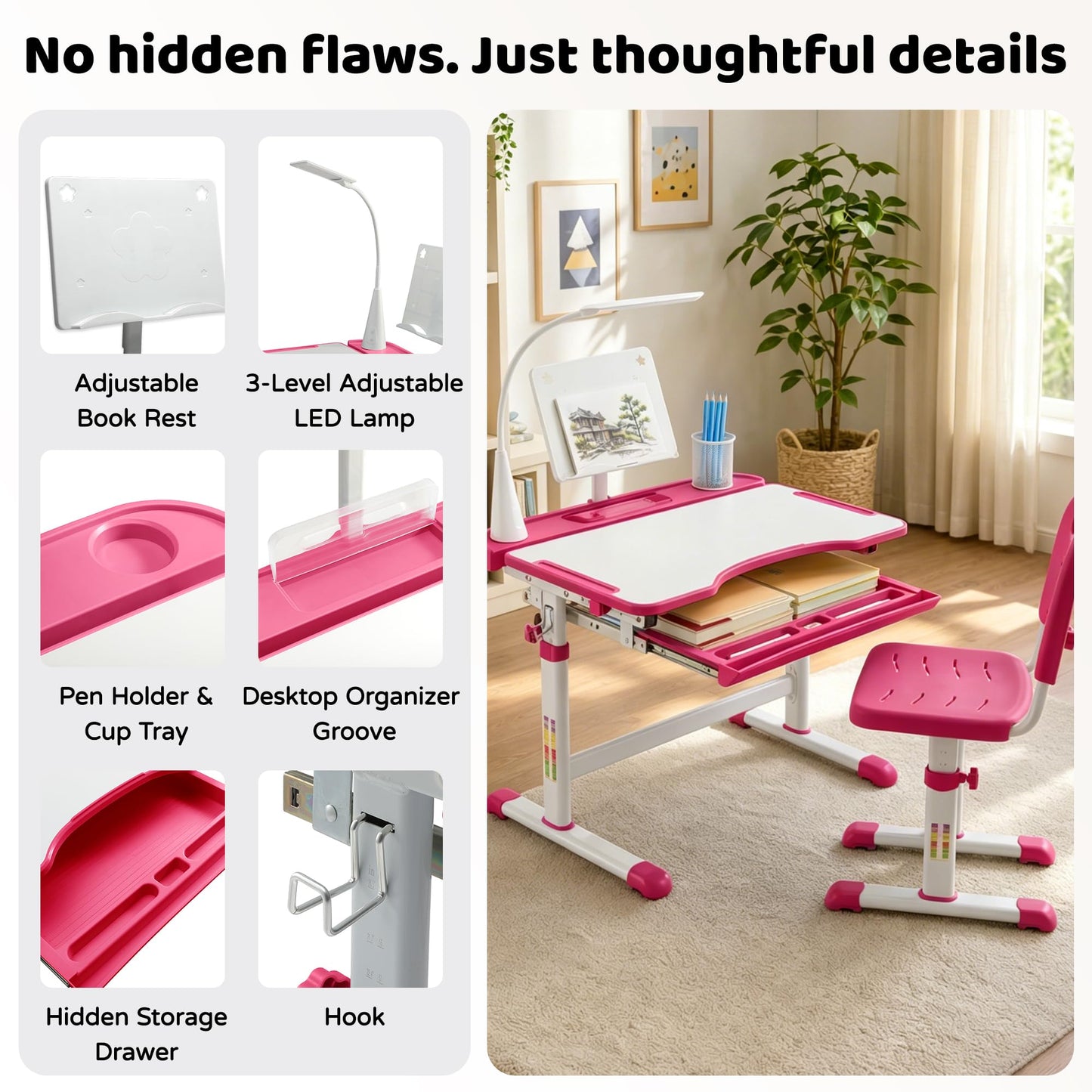 Diroan Kids Functional Desk and Chair Set, Ergonomic Height Adjustable Children School Study Desk with Tilt Desktop, Book Stand, LED Light, Metal Hook and Storage Drawer for Boys Girls(Pink)