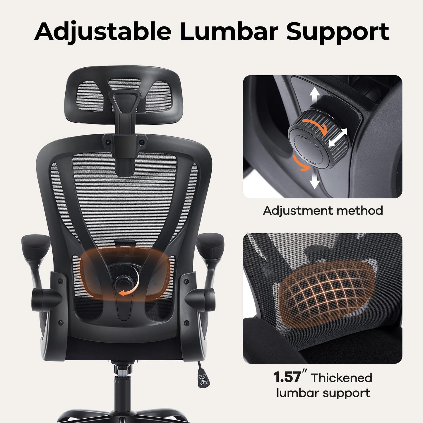 shipborne Office Chair Ergonomic Office Chair with Lumbar Support, Head Support, Rocking Function, FILP-up Armrests, Mesh High Back Chair Home Office Desk Chair, Suitable for Home, Office, Black