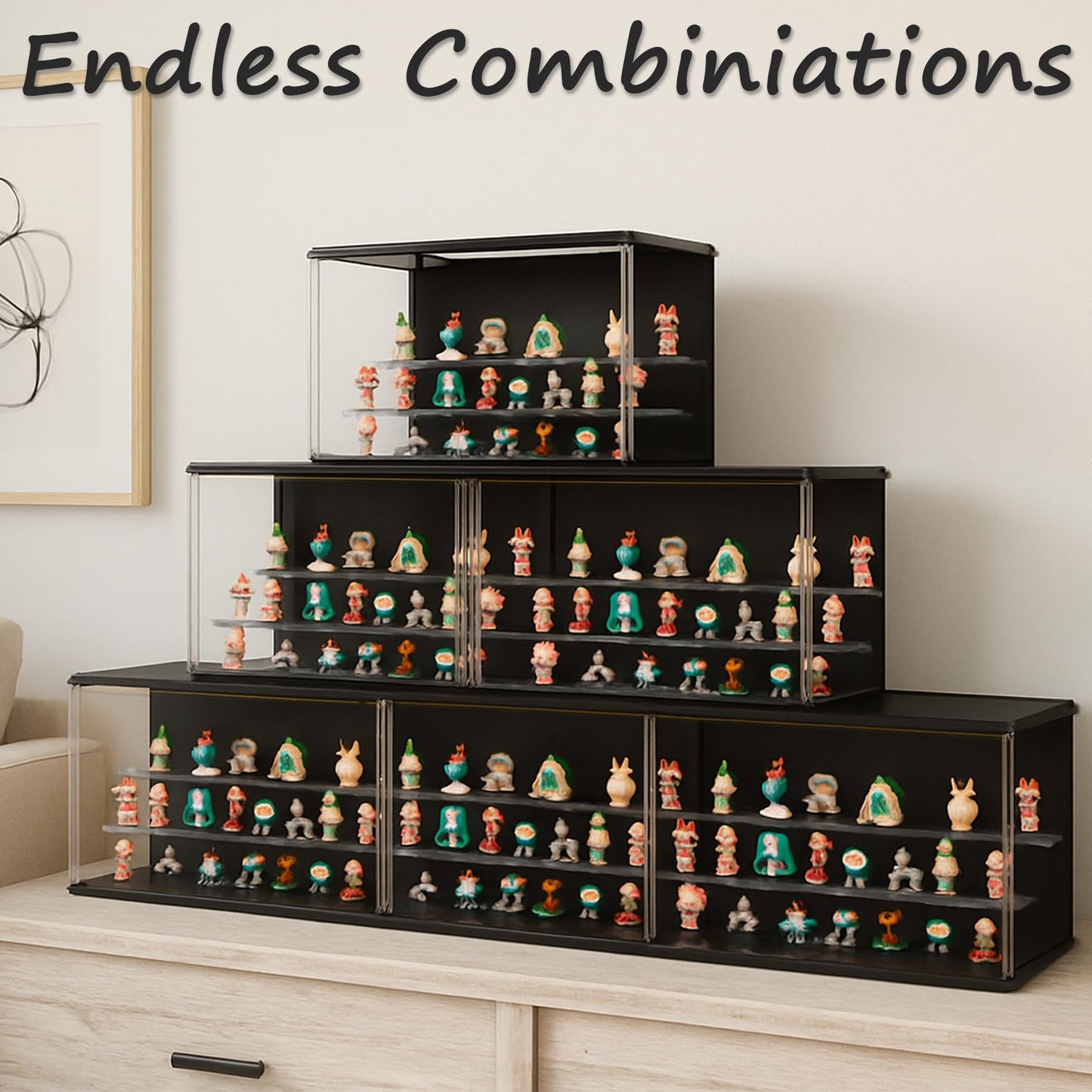 VERSSURE Clear Display Case for Collectibles, 3-Tier Stackable LED Figure Display Case with Magnetic Door, Adjustable Showcase for Models, Miniatures, Jewly (Black, 8.8“H-1PC)