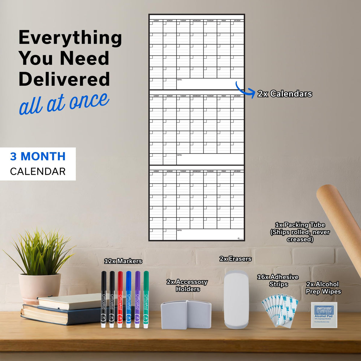 (2 PK) 3 Month Dry Erase Calendar for Wall 40x17, Family Office Large Reusable Big, Monthly Giant Dry Erase Planner, Rolled Whiteboard White Board, Classroom Calendar for Undated Wall Erasable