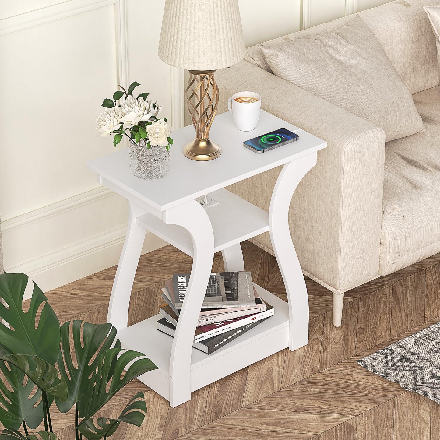 FROMJBEST End Tables Living Room Set of 2,End White Table with Charging Station, Side Table, Nightstand for Bedroom, 3 Tier End Table with Storage Shelf for Living Room White