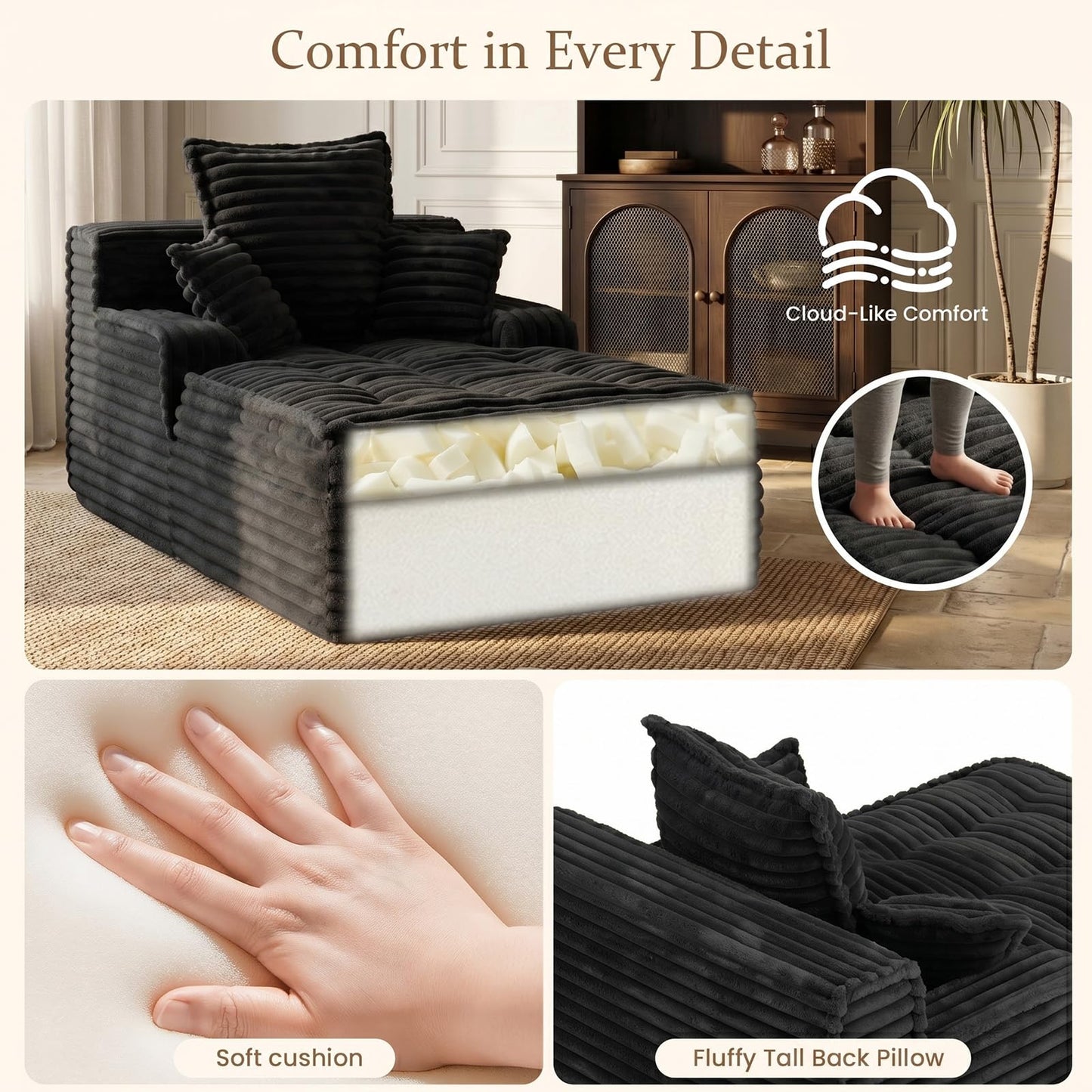 feliz home Boneless Chaise Lounge Couch Indoor, Small Corduroy Upholstered Sleeper Sofa Bed Reading Chairs with 3 Pillows, Fluffy Comfy Cloud Sofas Couches, Compression Boneless Sofa for Small Corner