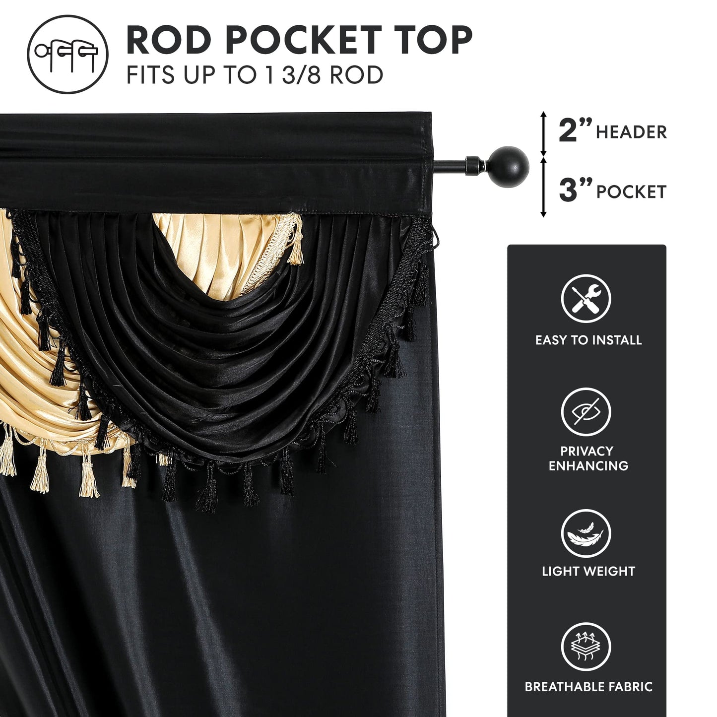 Regal Home Collections Amore 5-Piece Window Curtain Set - 54-Inch W x 84-Inch L Panels with Attached Valance and 2 Tiebacks - Bedroom and Living Room Gothic Curtains (Black/Gold)