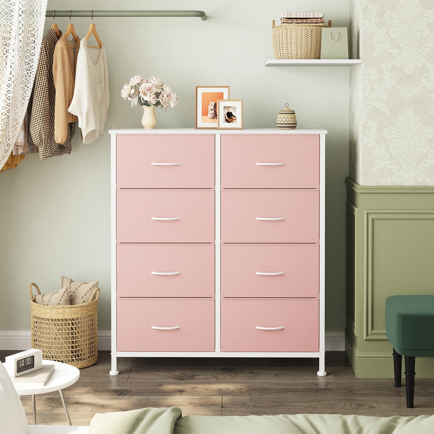Sweetcrispy 8 Drawer Fabric Dresser for Bedroom, Tall Double Dresser Chest of Drawers with Sturdy Steel Frame and Wooden Top, Closet Living Room Storage Organizer with Easy Pull Handles,Pink