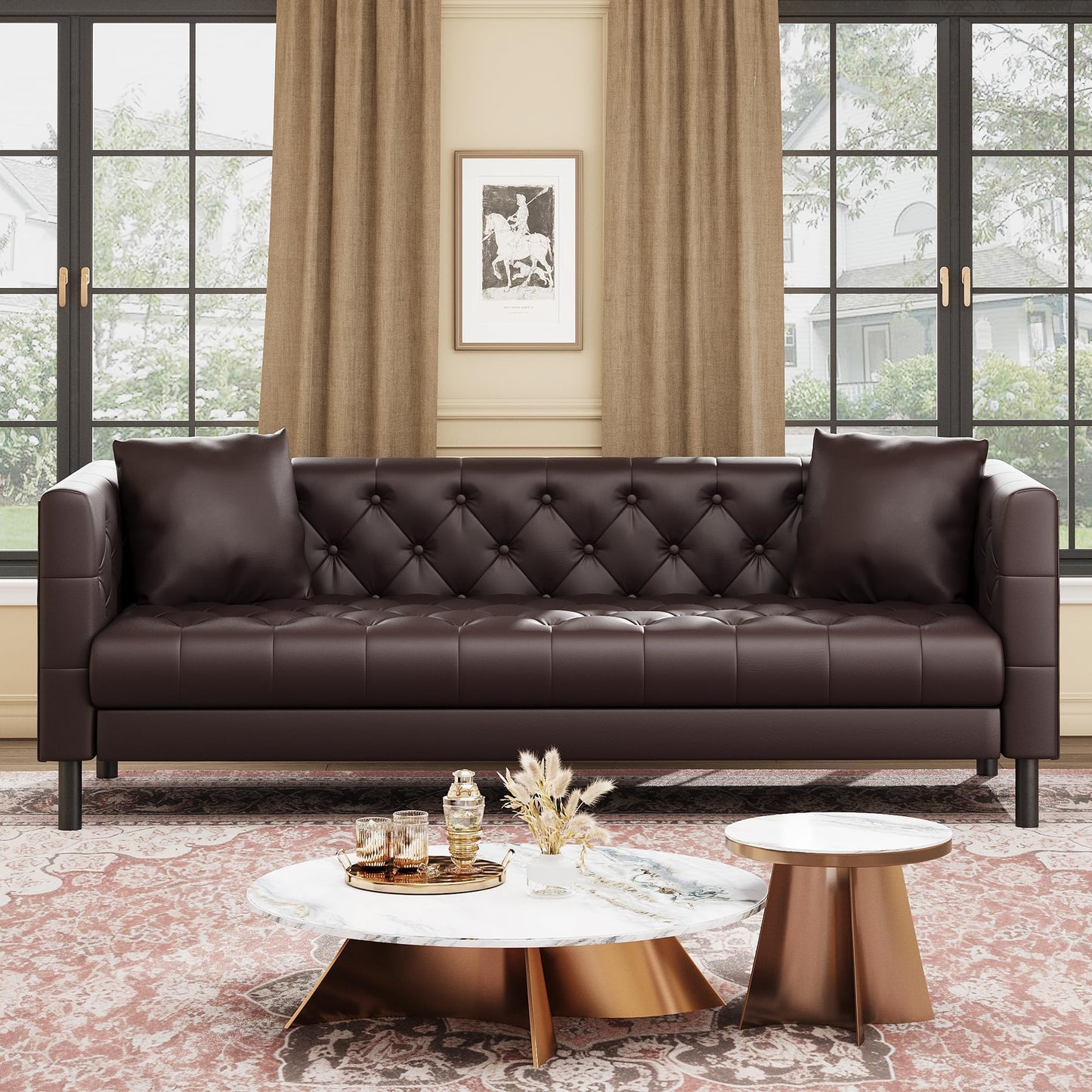 GarveeHome 81 in Leather Couch for Living Room, Modern Sofa Couch with Deep Seat and 2 Pillows, Handmade Button Tufted 3 Seater Sofa, Leather Sofa for Apartment or Office, Dark Brown