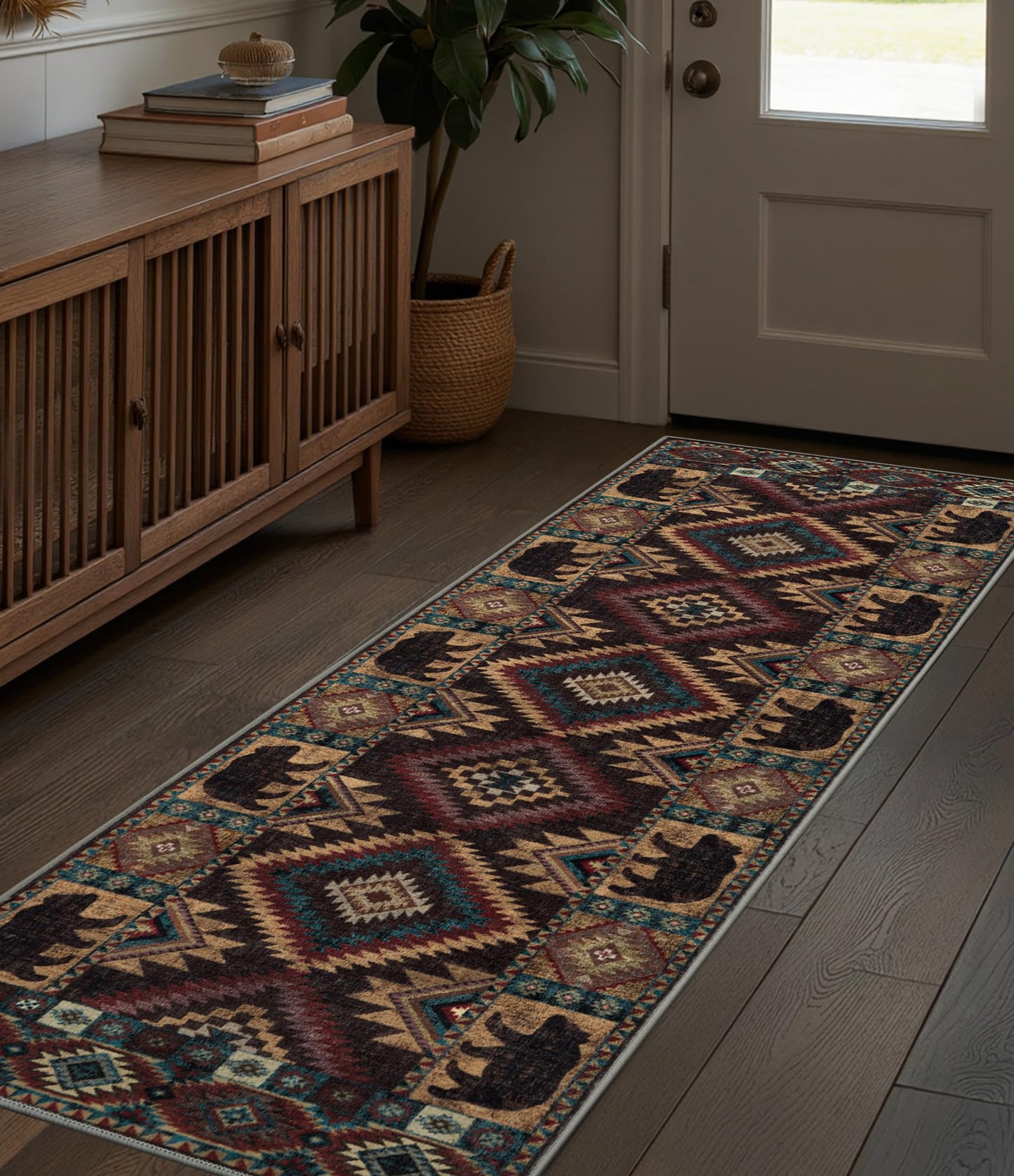 Hallway Runner Rug 2x6 Indoor Door Mat -Western Rug Bear Rustic Cabin Non-Slip Entryway Rug, Low Pile Tribal Print for Kitchen, Bedroom
