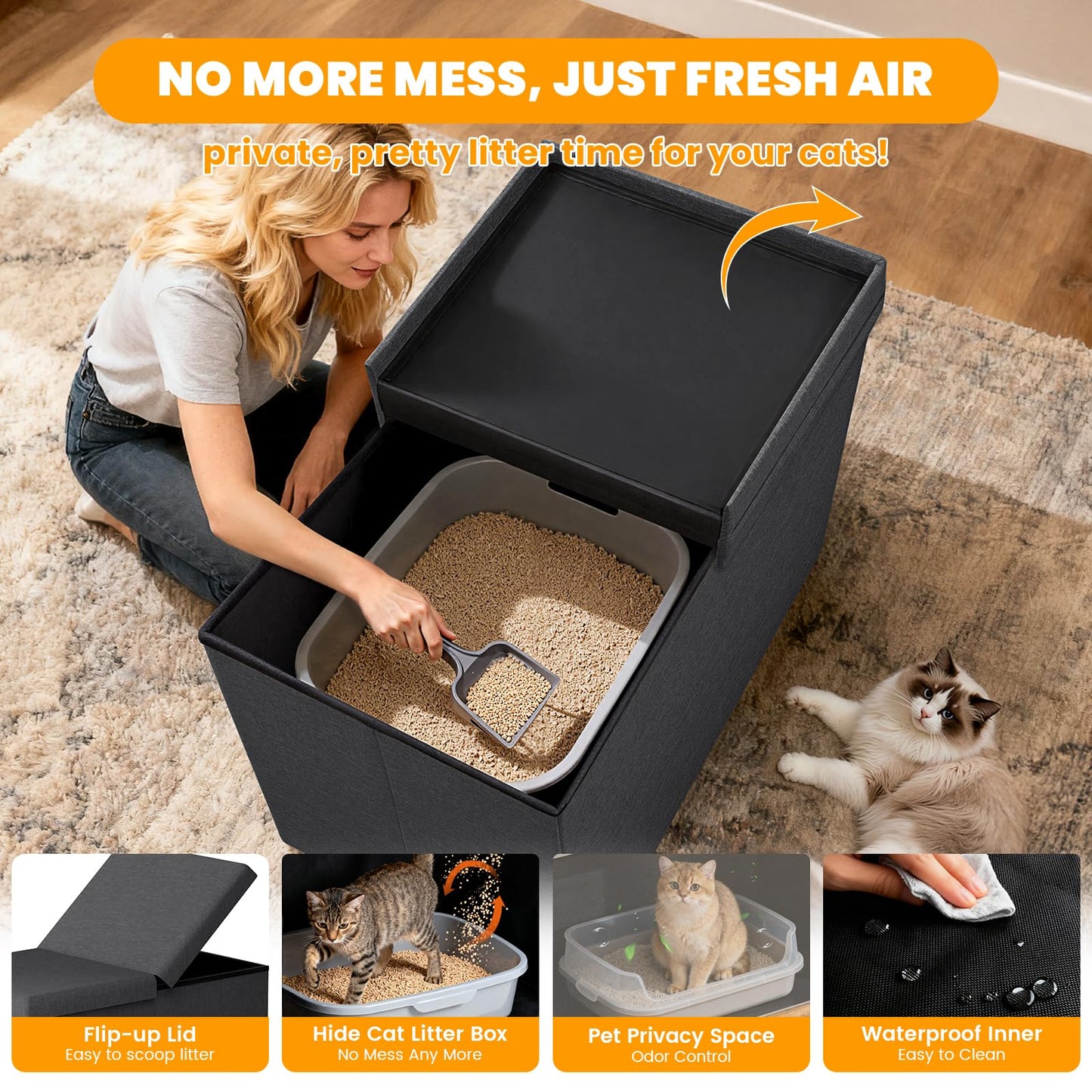 Fecuria 3-in-1 Cat Litter Box Enclosure with Odor Control, Multi-Functional Hidden Litter Box Furniture Bench, Dog Proof, Space-Saving Ottoman Cabinet with Flip-Up Lid, Storage Footrest, Dark Grey