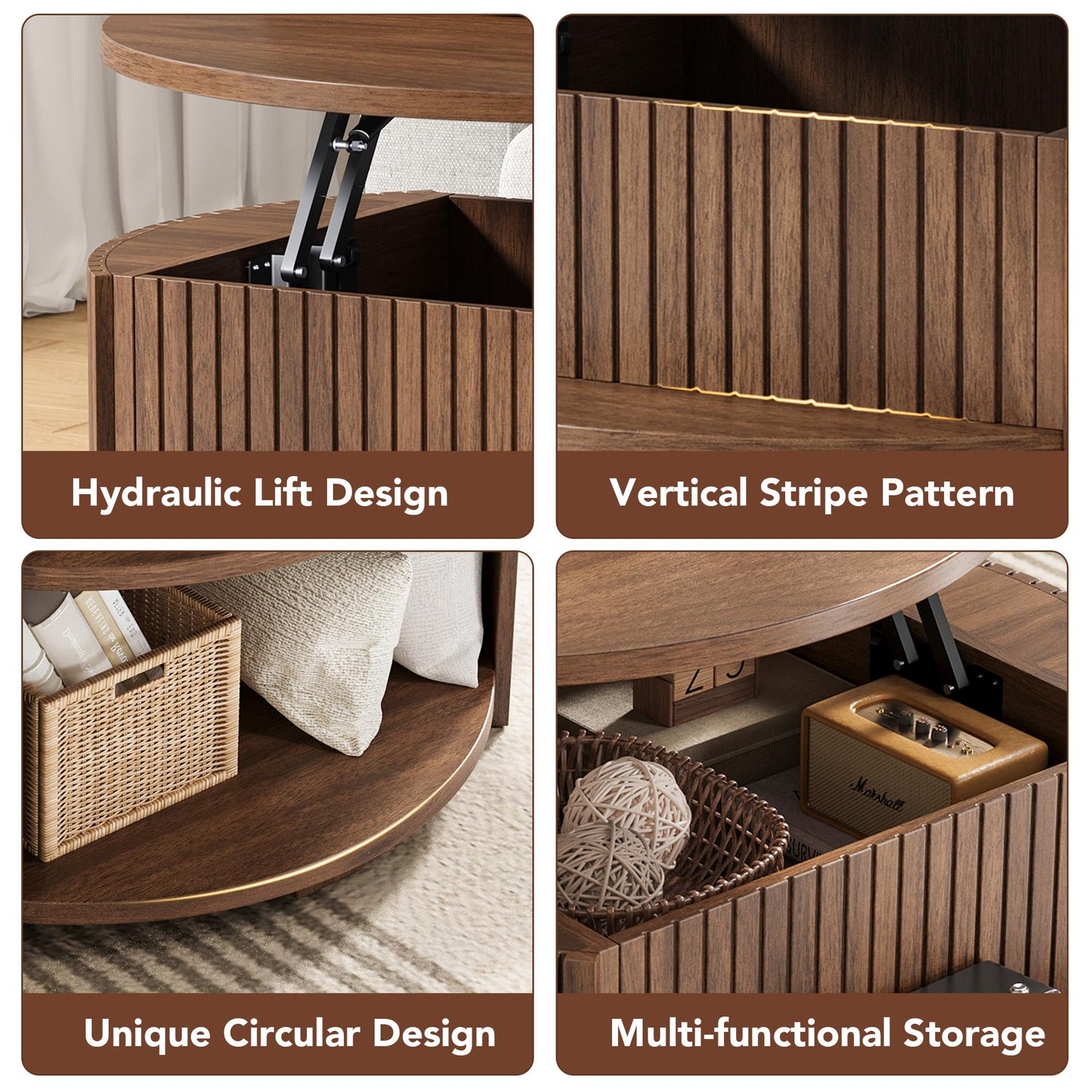 Decofy Round Lift Top Coffee Table with Storage, Fluted Mid-Century Modern Coffee Tables for Living Room, with Hidden Compartment & Open Shelves, for Small Spaces & Home Office(31.5" Walnut)