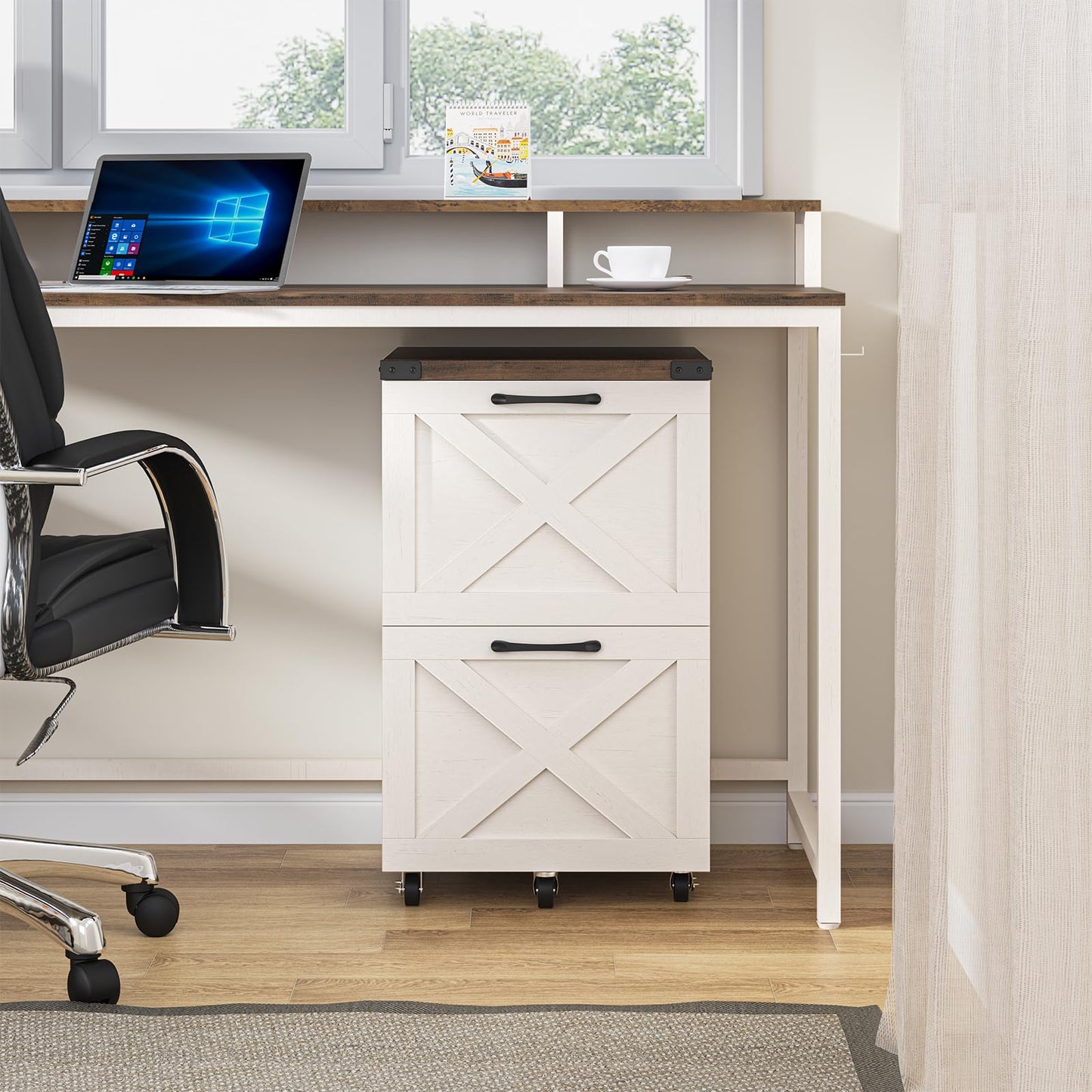 Halitaa 2 Drawer Small File Cabinet with Wheels, Farmhouse Vertical Filing Cabinet Fits A4/Letter Size, Under Desk Rolling File Cabinets for Home Office, Wooden Printer Stand, Rustic White