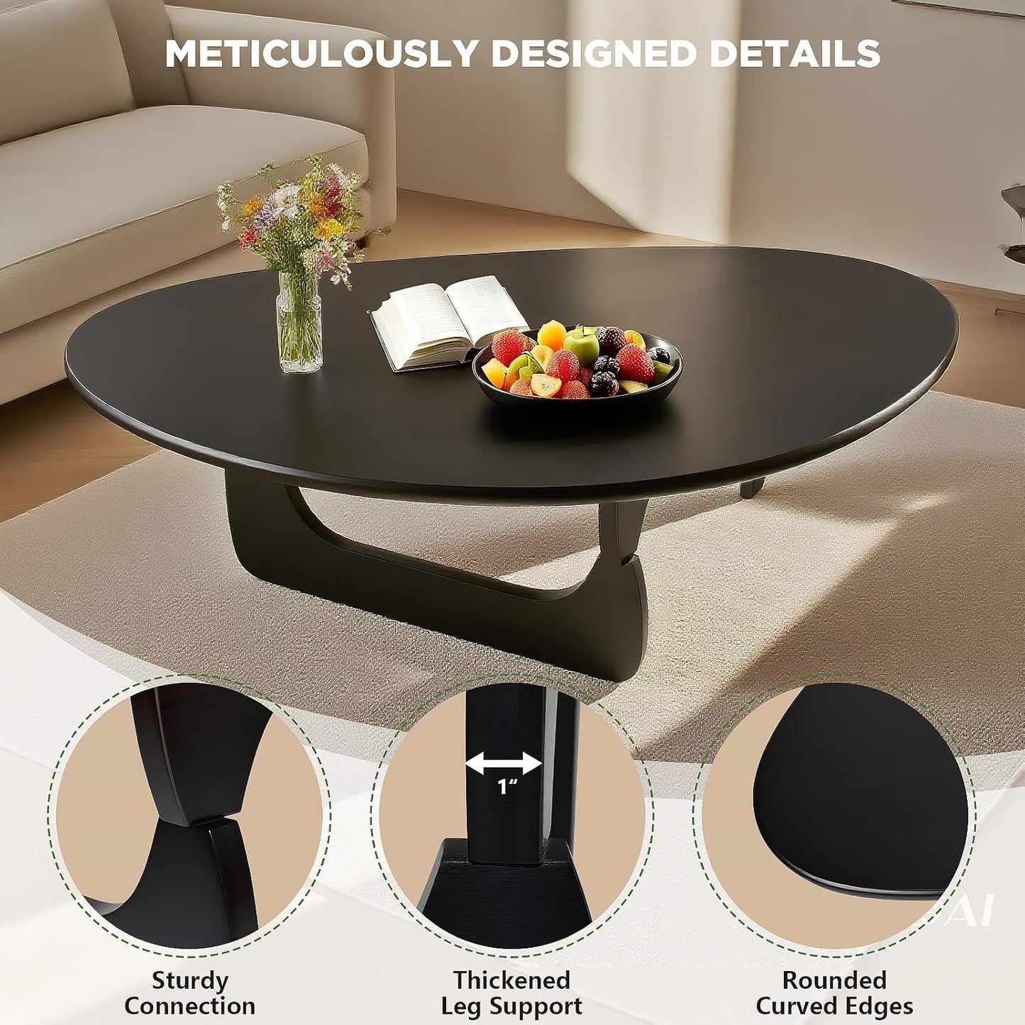 Solid Wood Triangle Coffee Table,Unique Mid Century Modern Oval Coffee Table,Irregular Geometric Tea Tables for Home Living Room with Wooden Tabletop and Reinforced Legs Black 35" L x 24" W x 16" H