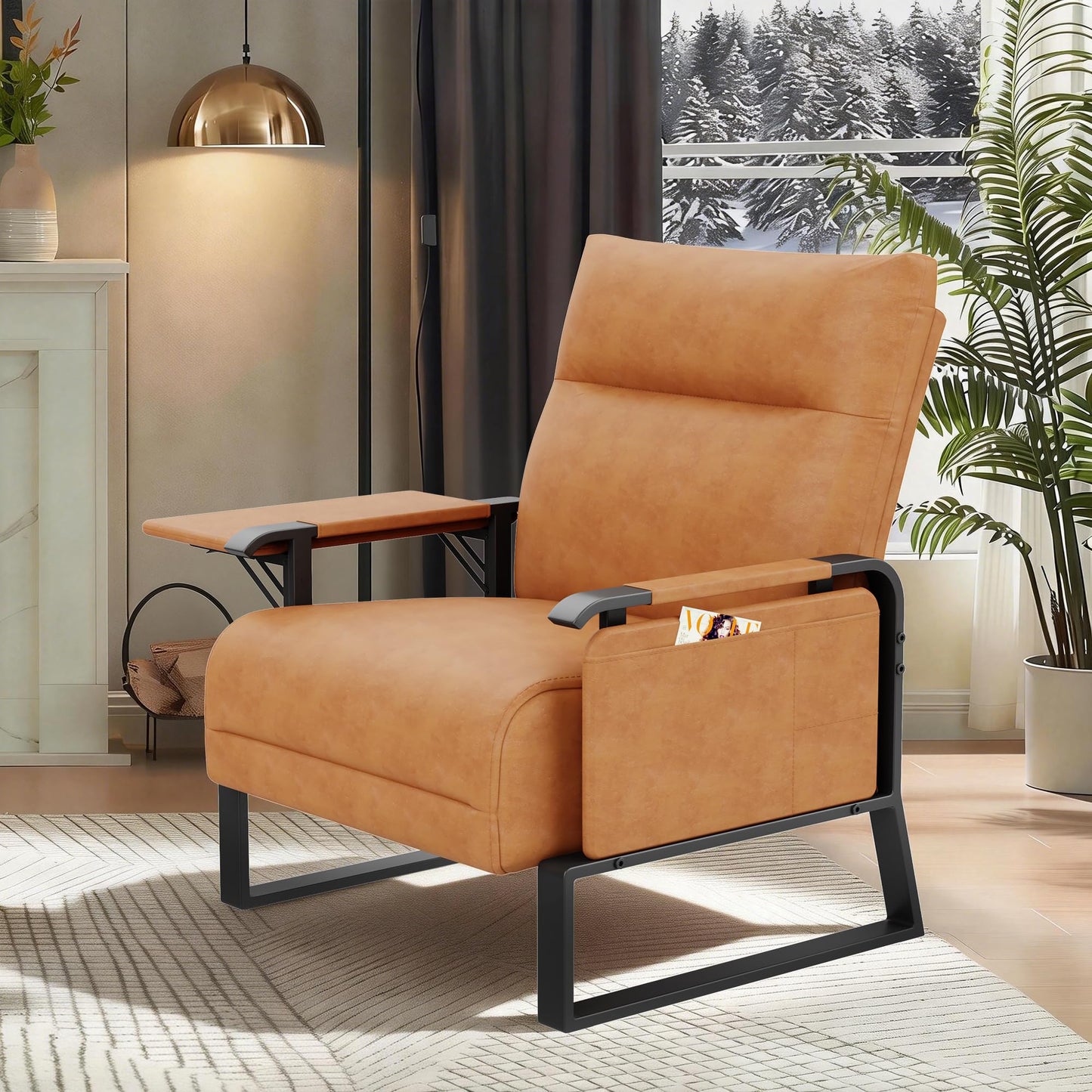 Apeaka PU Leather Accent Chair Upholstered Armchair with Side Table for Bedroom Living Room Chairs Office Club Chair Brown