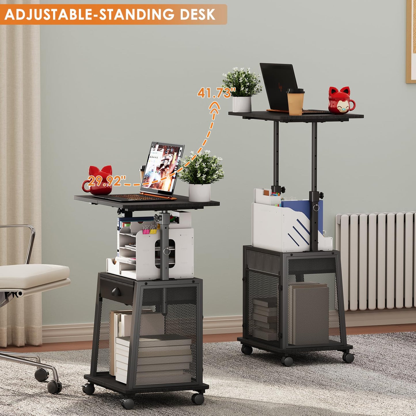 Height Adjustable Standing Desk with Wheels,Mobile Sit Stand Up Desk with Drawer,Rolling Laptop Computer Desk with storage,Portable Podium Teacher Stand Desk,Narrow Walking Pad Desk for Home Office