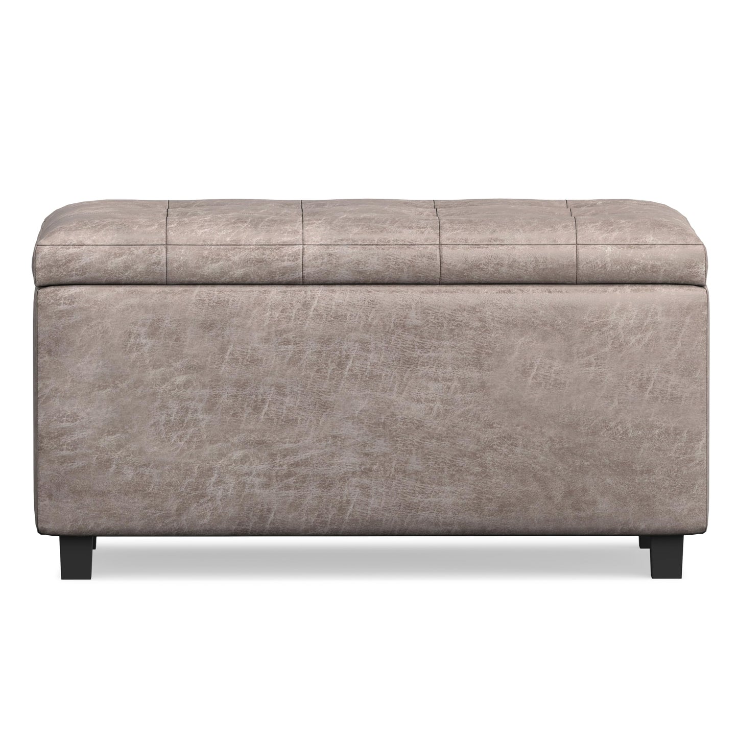SIMPLIHOME Cosmopolitan Storage Ottoman - 34 inch Wide Upholstered Vegan Leather Rectangle Storage Ottoman Bench in Distressed Grey Taupe, Transitional Tufted Ottoman for Living Room with Lift-Up Lid