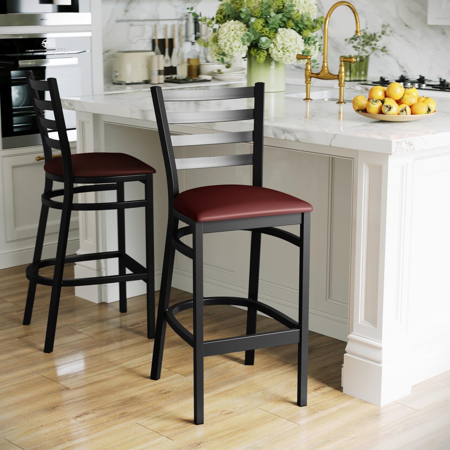 Flash Furniture HERCULES Series Black Ladder Back Metal Restaurant Barstool - Burgundy Vinyl Seat (Pack of 2)