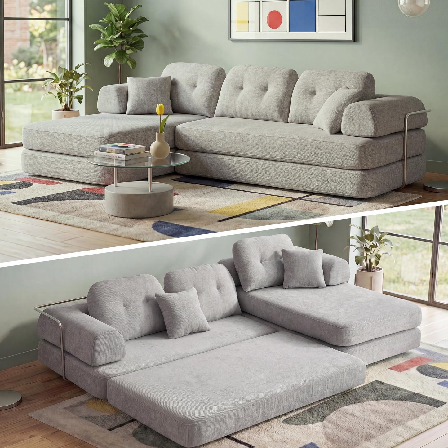 YasuSoofa Boneless Sectional Couch with Chaise, Convertible L-Shape Floor Sleeper with High Headrest, Modular Sofa Bed for Living Room Apartment, No Assembly, Beige