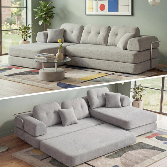 YasuSoofa Boneless Sectional Couch with Chaise, Convertible L-Shape Floor Sleeper with High Headrest, Modular Sofa Bed for Living Room Apartment, No Assembly, Beige