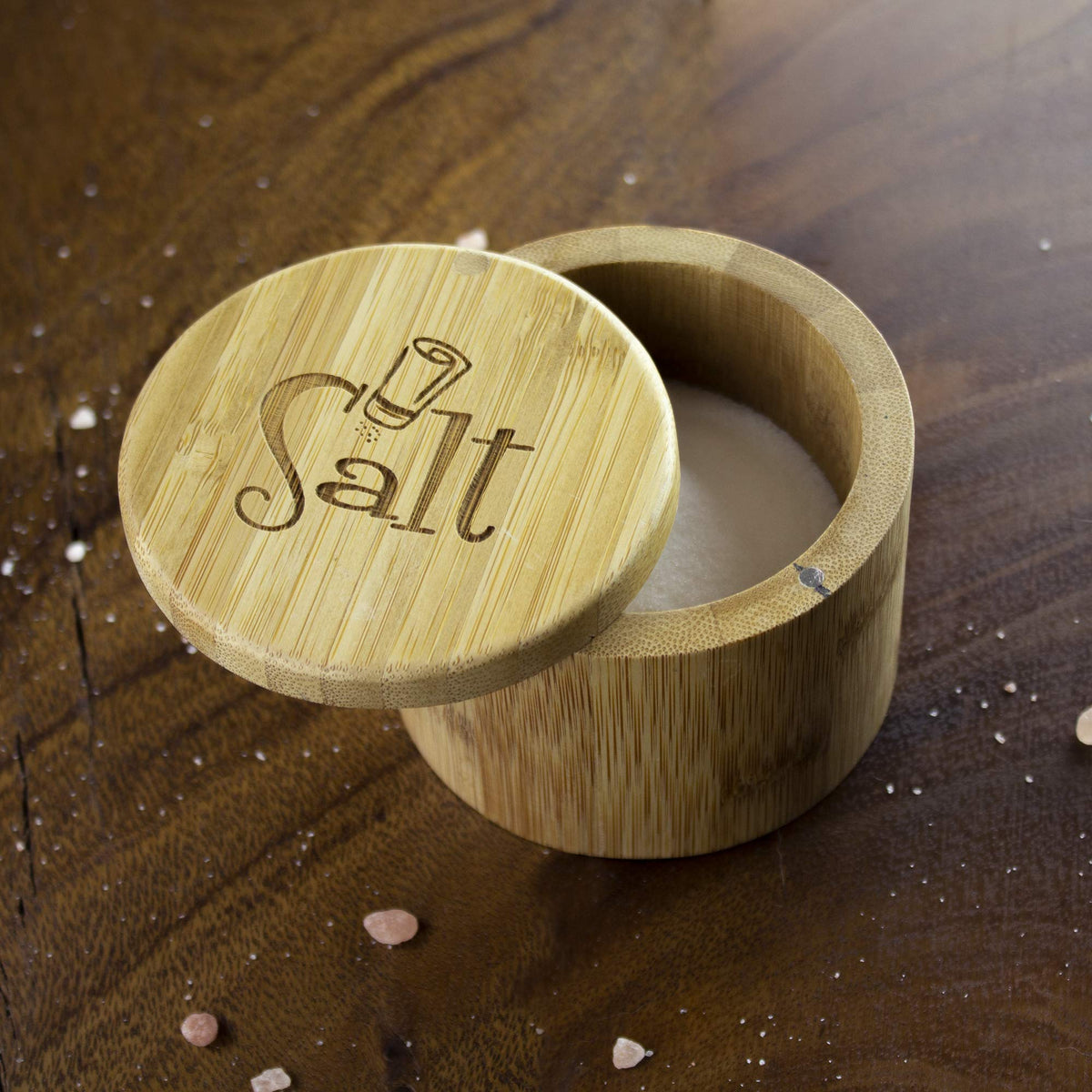Totally Bamboo Salt Cellar Bamboo Storage Box with Magnetic Swivel Lid, 6 Ounce Capacity, Salt Engraved on Lid