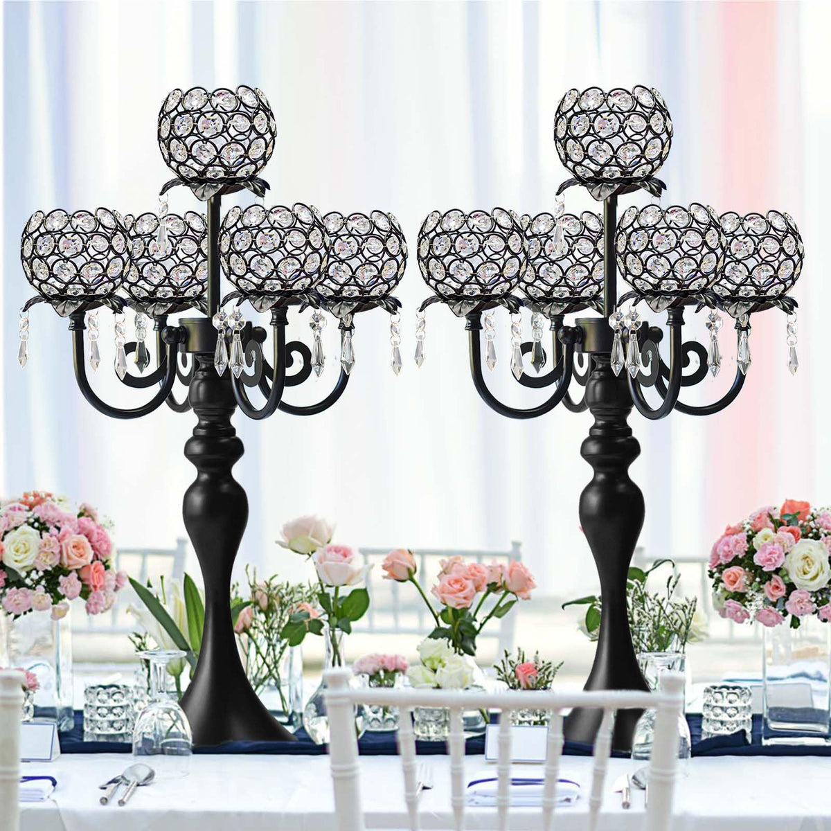 kolnlala 22.5 Inch Black 5-Arm Tea Light Crystal Candle Holder/Candlestick, Exquisite and Gorgeous Crystal Candelabra Table Centerpiece for Wedding/Holiday Events, Parties & Home Decor