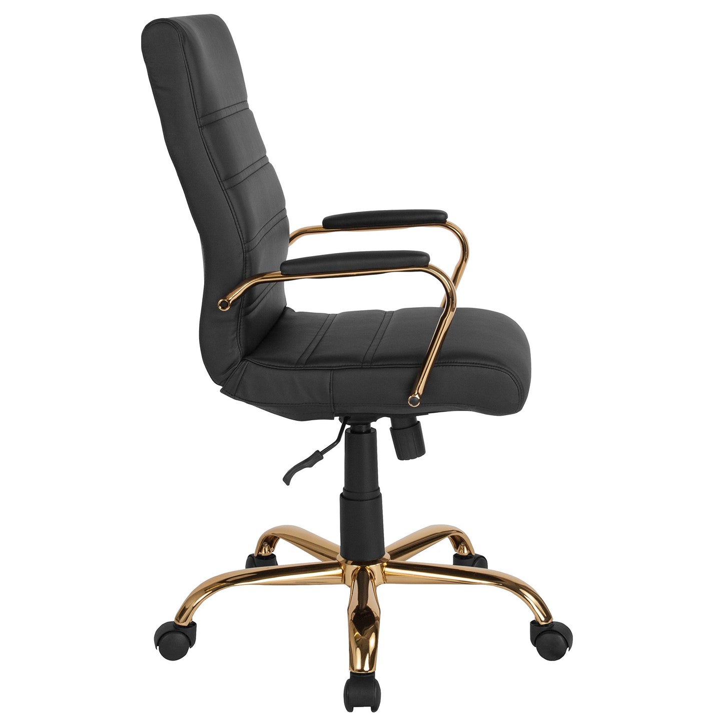 Flash Furniture Whitney High-Back Swivel LeatherSoft Desk Chair with Padded Seat and Armrests, Adjustable Height Padded Office Chair, Black/Gold